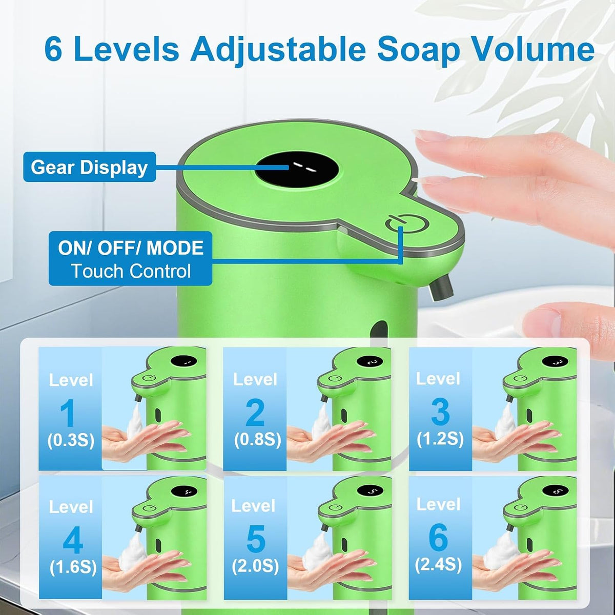 Automatic Foaming Soap Dispenser Touchless, USB Rechargeable Smart Hand Soap Dispenser, 6-Level Adjustable, 12.8Oz/380Ml Wall Mounted for Bathroom Kitchen Dish Soap-Green