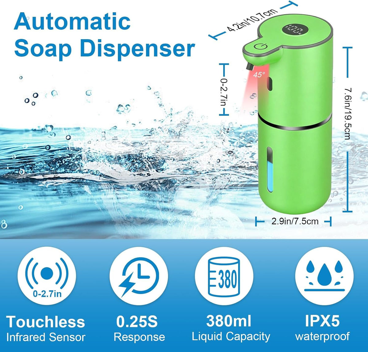 Automatic Foaming Soap Dispenser Touchless, USB Rechargeable Smart Hand Soap Dispenser, 6-Level Adjustable, 12.8Oz/380Ml Wall Mounted for Bathroom Kitchen Dish Soap-Green