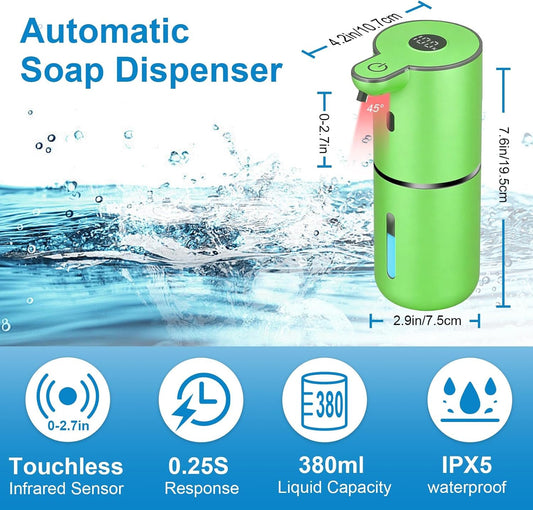 Automatic Foaming Soap Dispenser Touchless, USB Rechargeable Smart Hand Soap Dispenser, 6-Level Adjustable, 12.8Oz/380Ml Wall Mounted for Bathroom Kitchen Dish Soap-Green