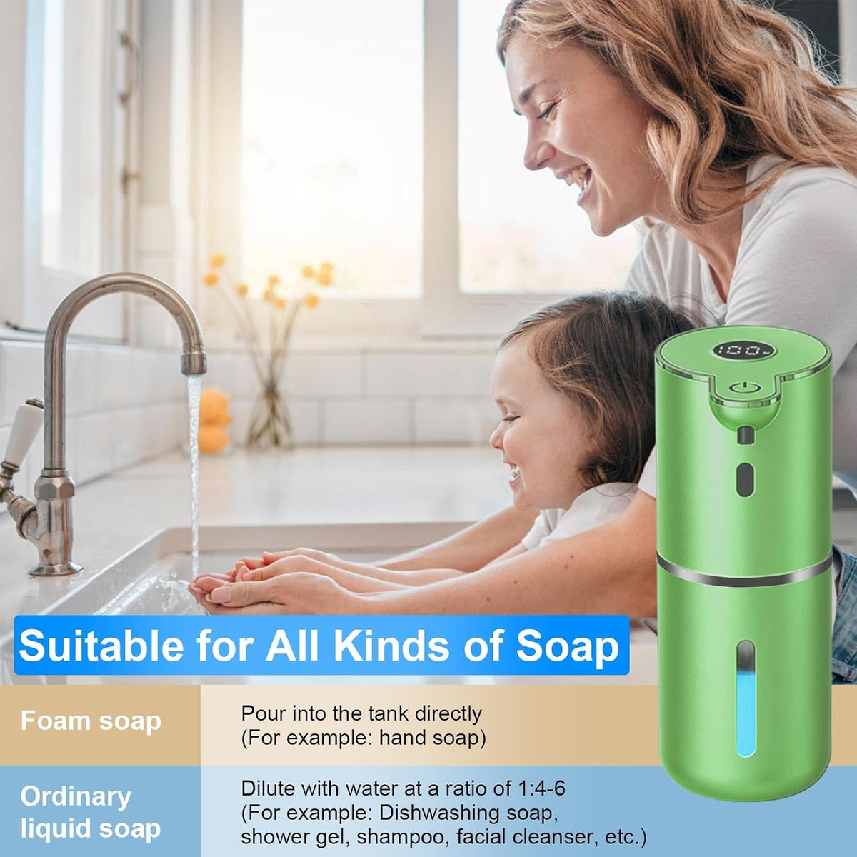 Automatic Foaming Soap Dispenser Touchless, USB Rechargeable Smart Hand Soap Dispenser, 6-Level Adjustable, 12.8Oz/380Ml Wall Mounted for Bathroom Kitchen Dish Soap-Green
